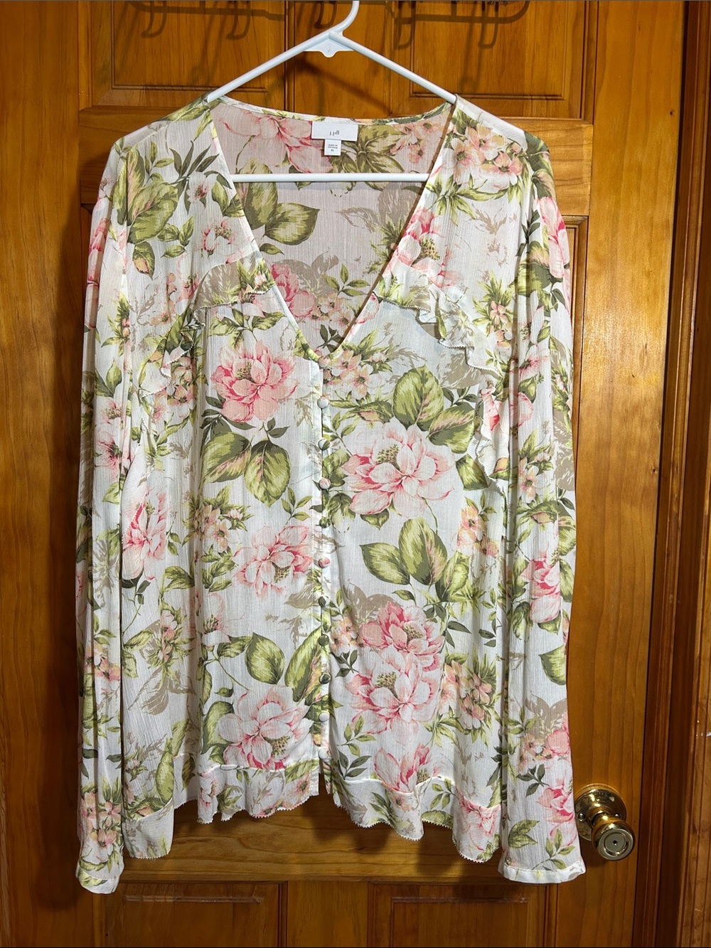 J. Jill Floral Button-Front V-Neck Top in Pink and Green